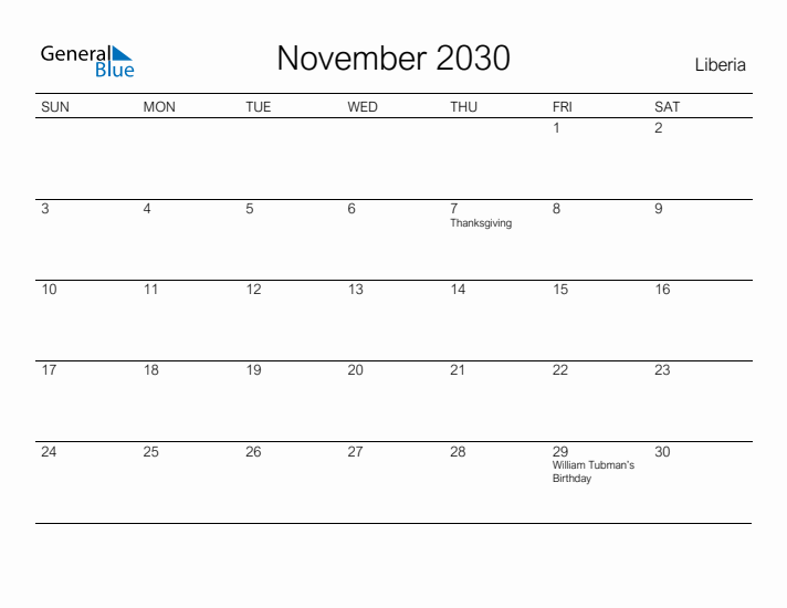 Printable November 2030 Calendar for Liberia