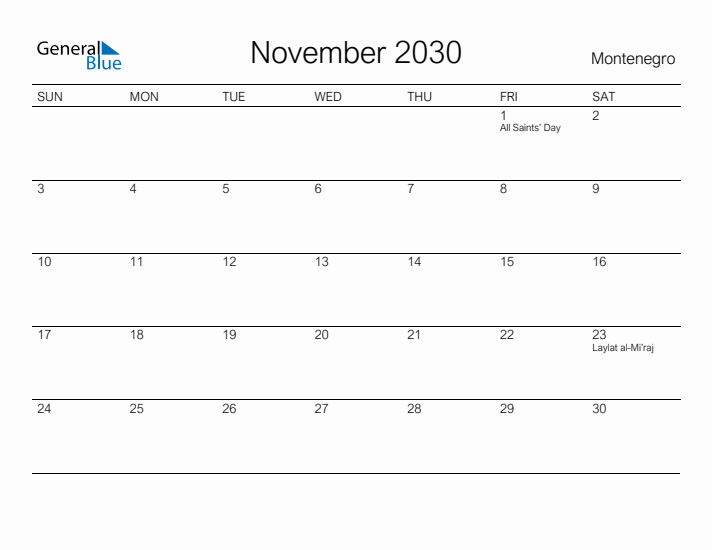 Printable November 2030 Calendar for Montenegro