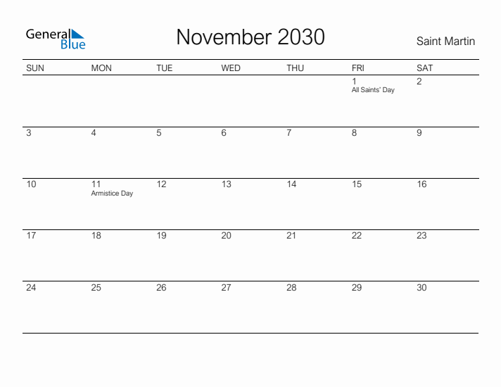 Printable November 2030 Calendar for Saint Martin