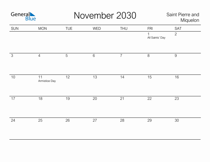 Printable November 2030 Calendar for Saint Pierre and Miquelon