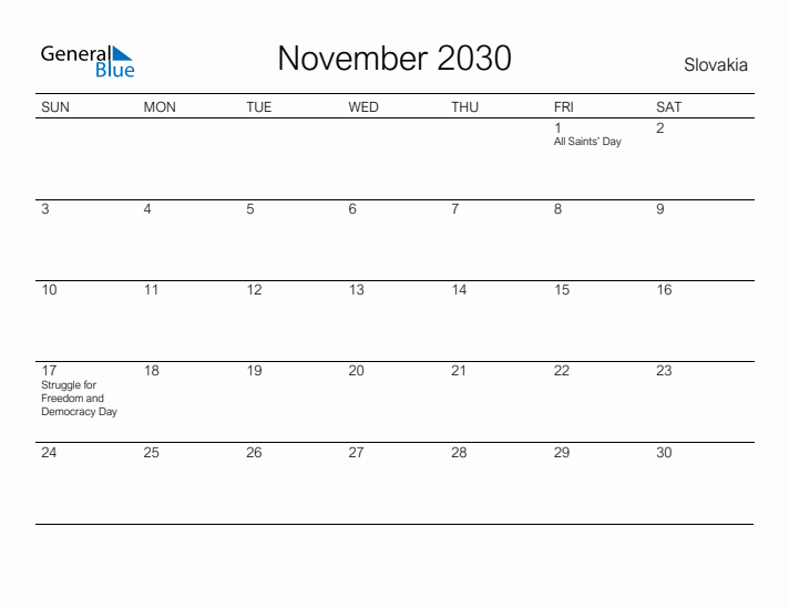 Printable November 2030 Calendar for Slovakia