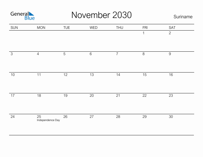 Printable November 2030 Calendar for Suriname