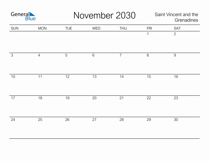 Printable November 2030 Calendar for Saint Vincent and the Grenadines