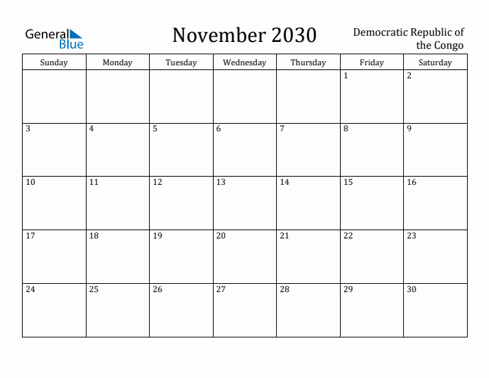 November 2030 Calendar Democratic Republic of the Congo