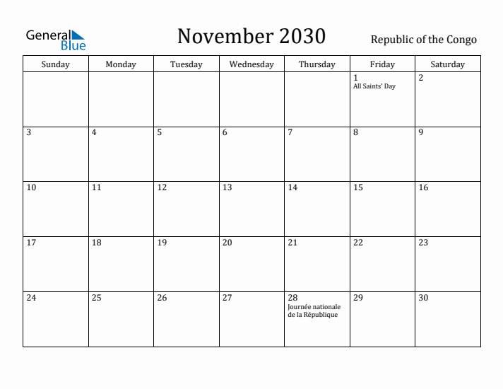 November 2030 Calendar Republic of the Congo