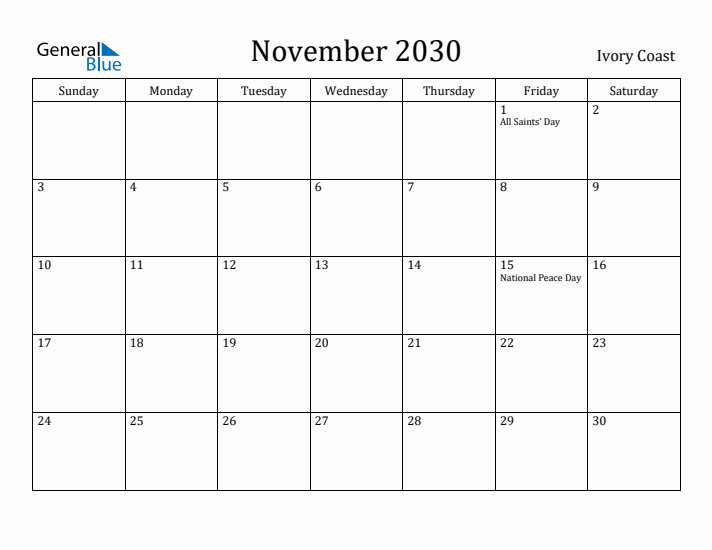 November 2030 Calendar Ivory Coast