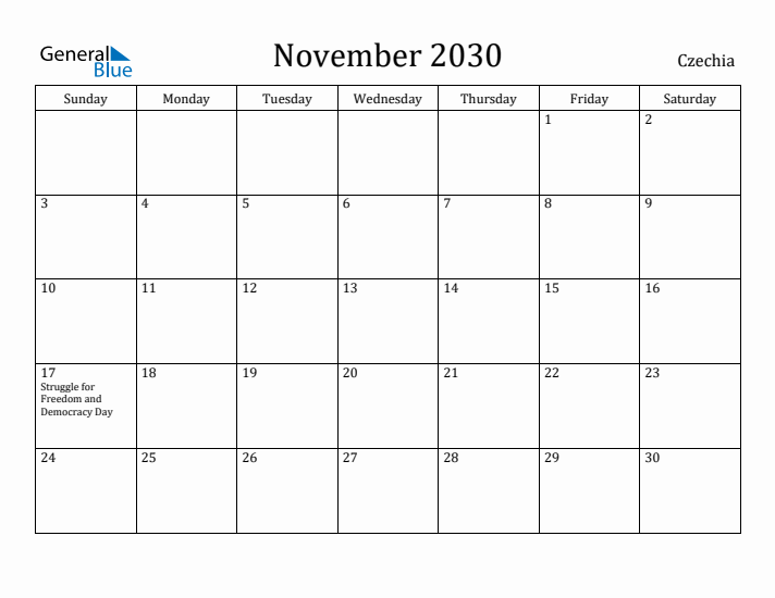 November 2030 Calendar Czechia