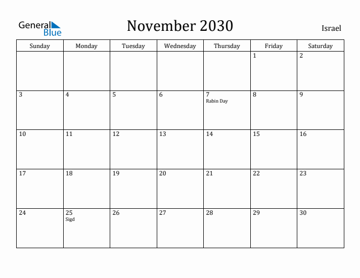 November 2030 Calendar Israel
