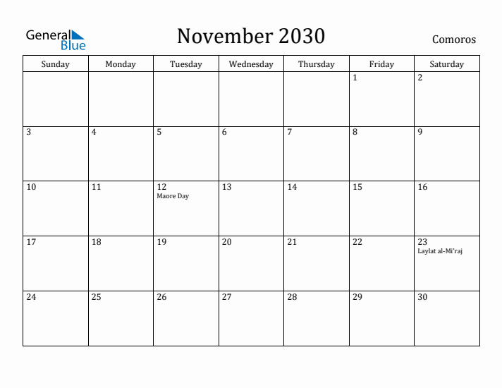 November 2030 Calendar Comoros