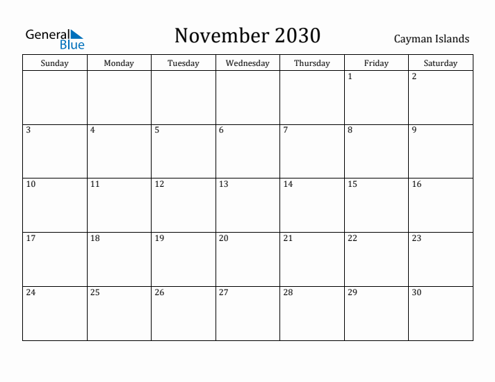 November 2030 Calendar Cayman Islands