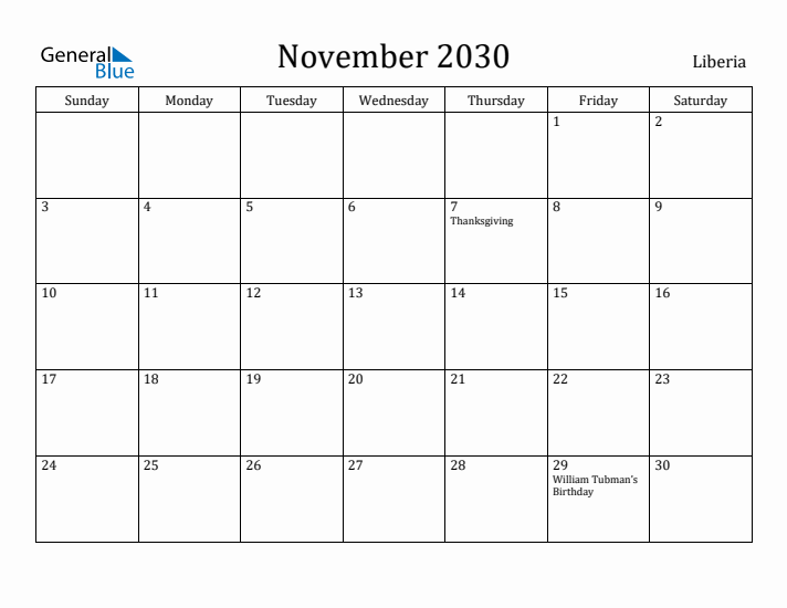 November 2030 Calendar Liberia