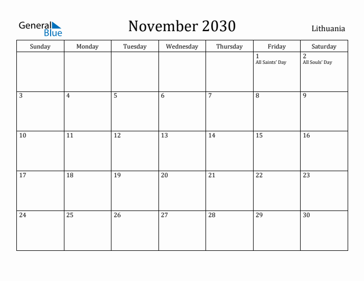 November 2030 Calendar Lithuania