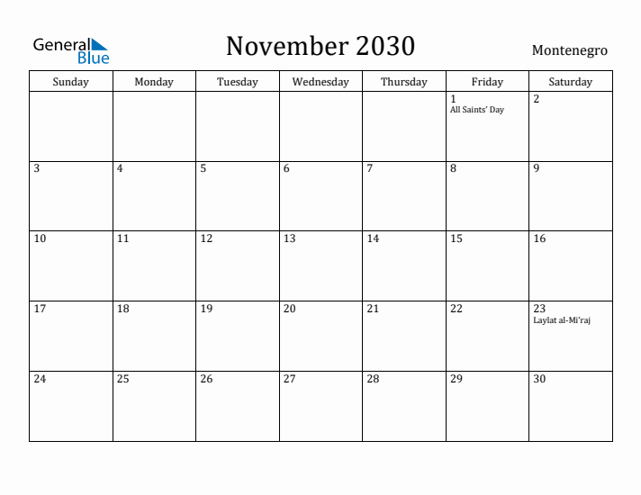November 2030 Calendar Montenegro