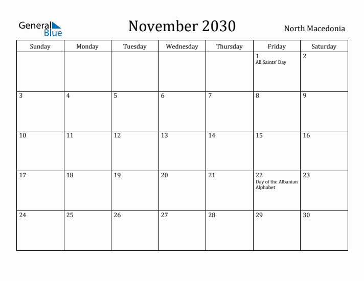 November 2030 Calendar North Macedonia