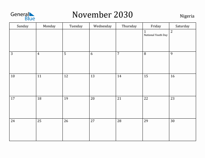 November 2030 Calendar Nigeria