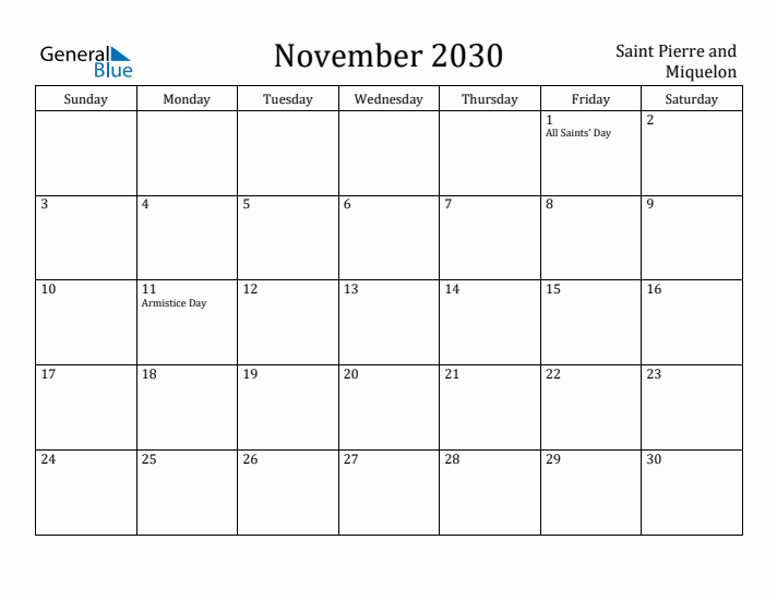 November 2030 Calendar Saint Pierre and Miquelon