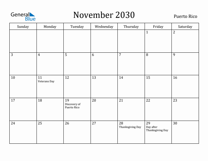 November 2030 Calendar Puerto Rico