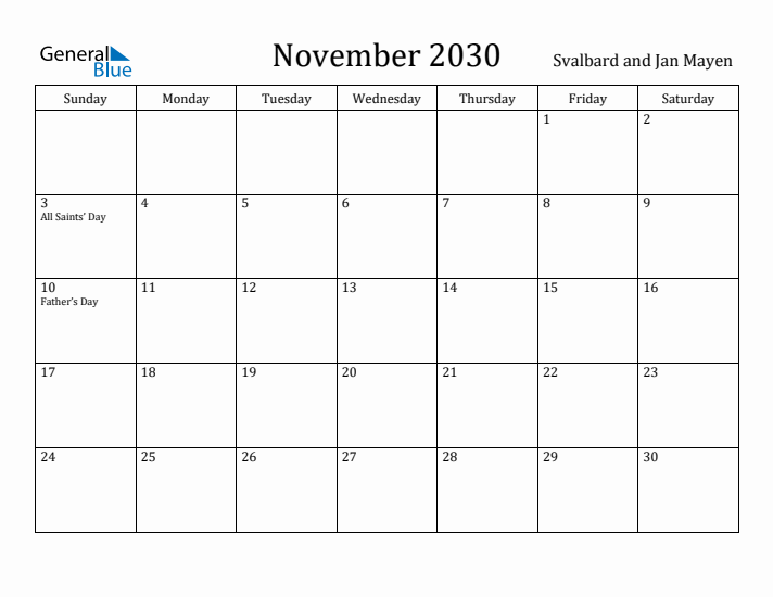November 2030 Calendar Svalbard and Jan Mayen
