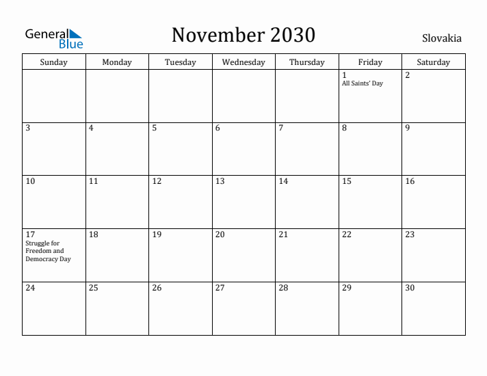 November 2030 Calendar Slovakia