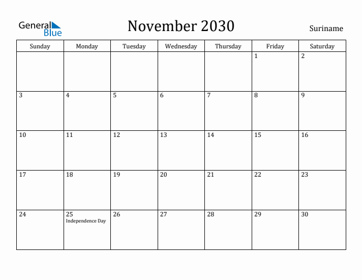 November 2030 Calendar Suriname