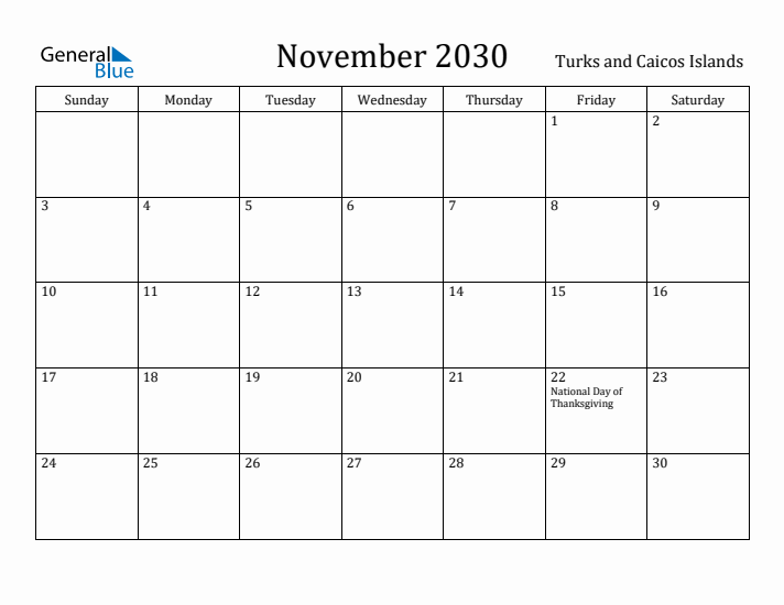 November 2030 Calendar Turks and Caicos Islands