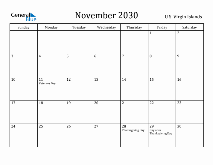 November 2030 Calendar U.S. Virgin Islands