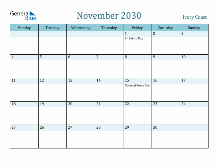 November 2030 Calendar with Holidays