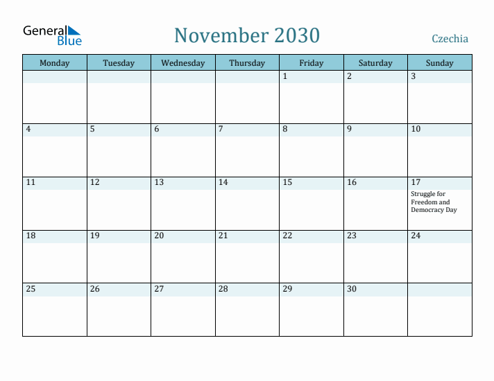 November 2030 Calendar with Holidays