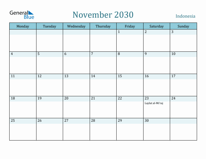 November 2030 Calendar with Holidays