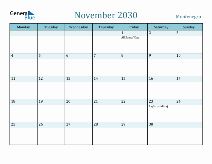 November 2030 Calendar with Holidays
