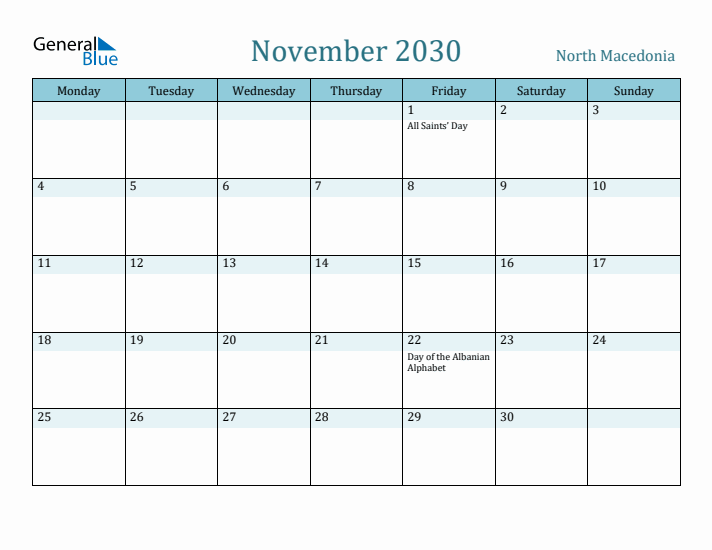 November 2030 Calendar with Holidays