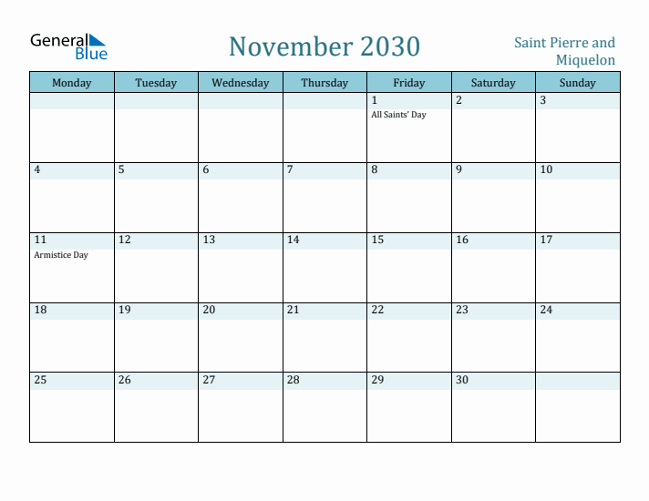 November 2030 Calendar with Holidays