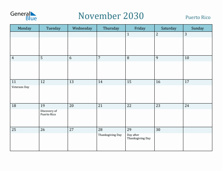 November 2030 Calendar with Holidays