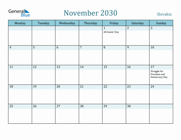 November 2030 Calendar with Holidays