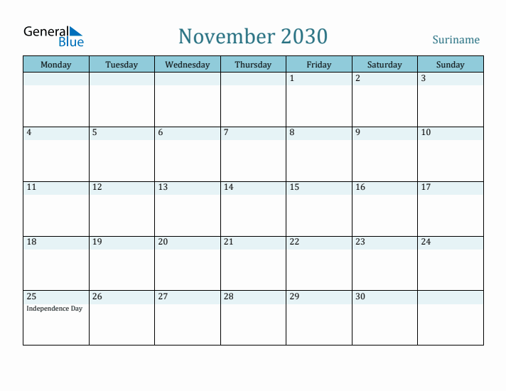 November 2030 Calendar with Holidays