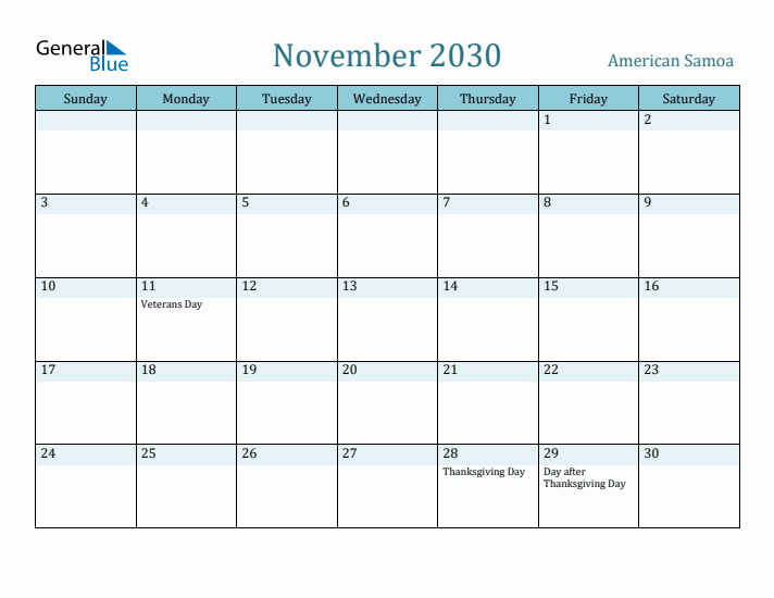 November 2030 Calendar with Holidays