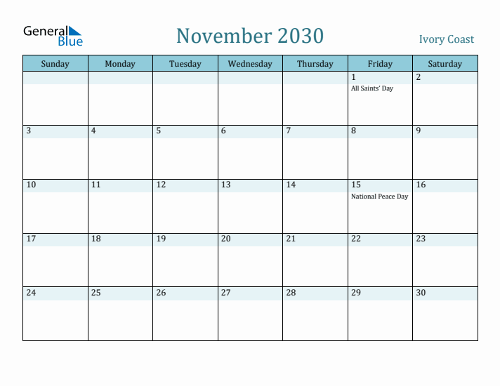 November 2030 Calendar with Holidays