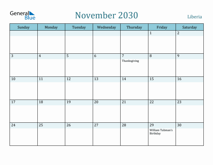 November 2030 Calendar with Holidays