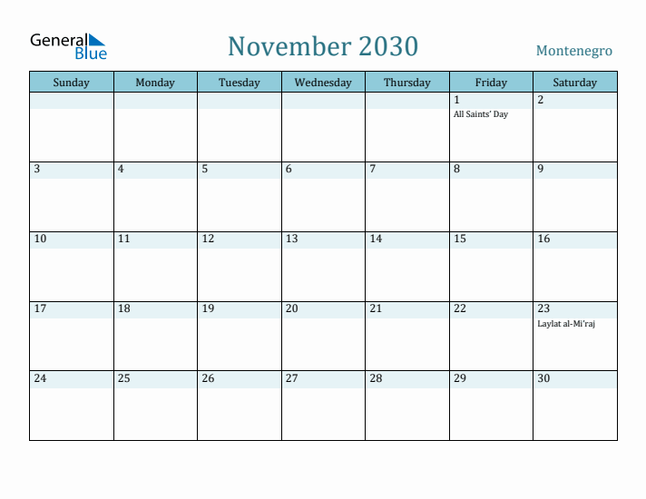 November 2030 Calendar with Holidays