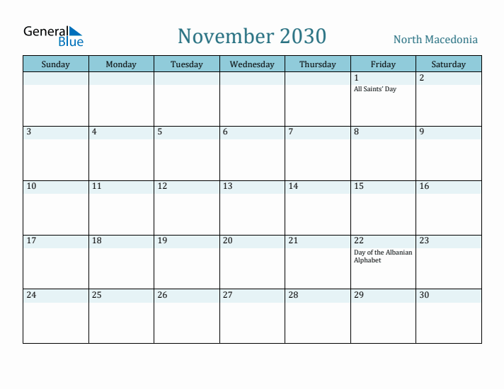 November 2030 Calendar with Holidays
