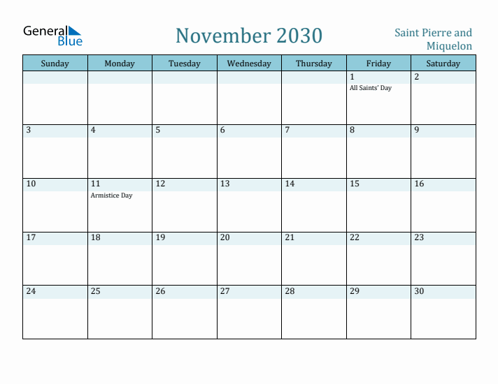 November 2030 Calendar with Holidays