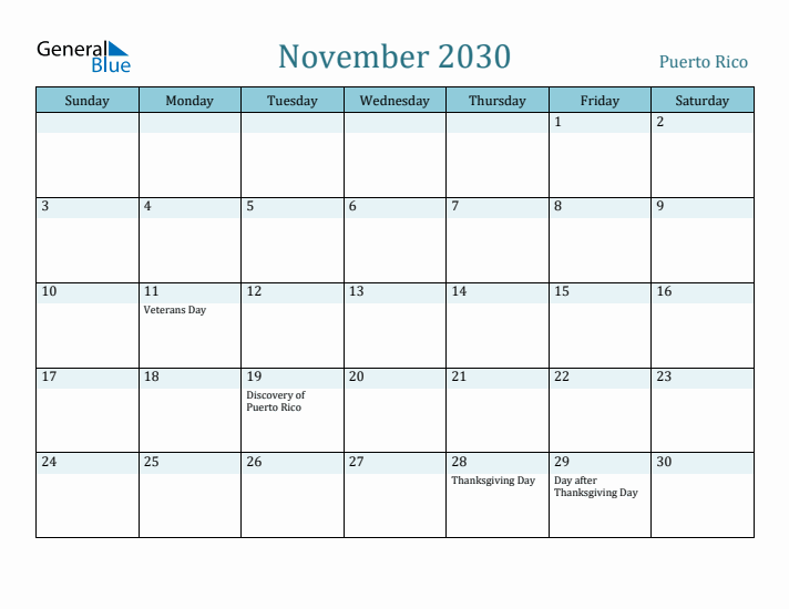 November 2030 Calendar with Holidays