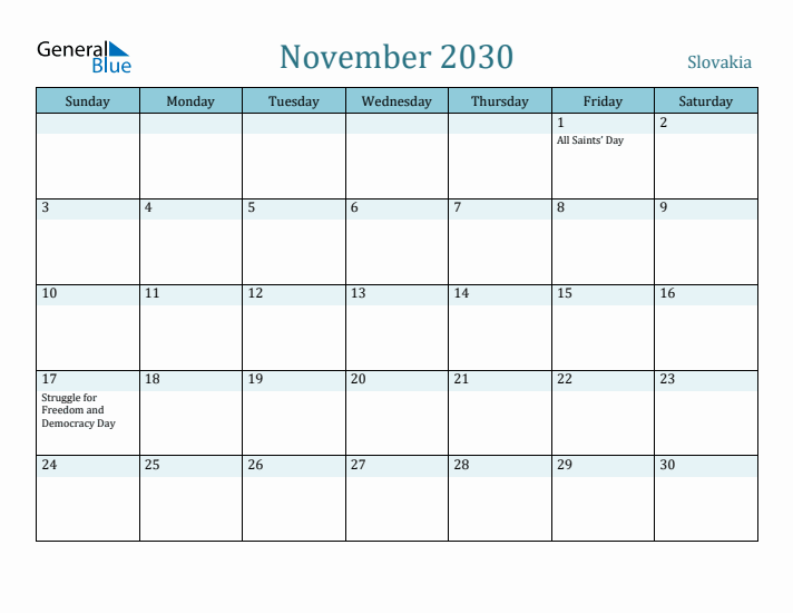 November 2030 Calendar with Holidays