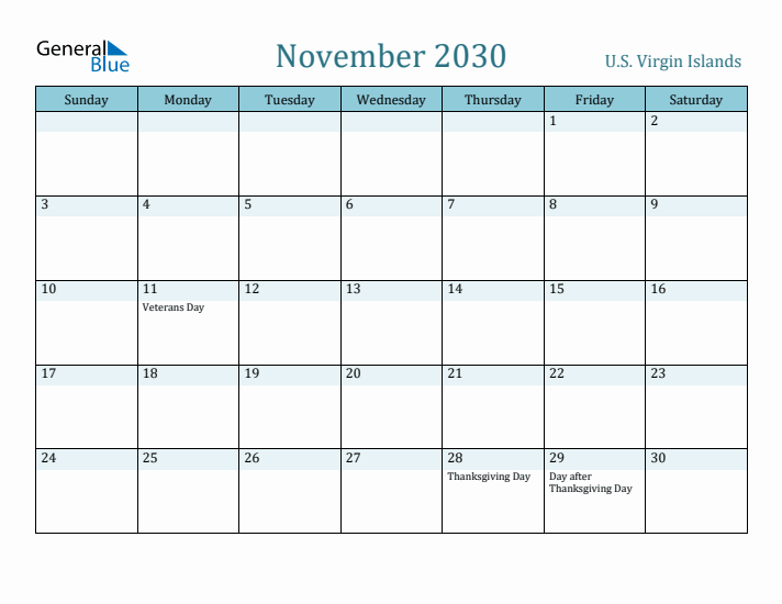 November 2030 Calendar with Holidays