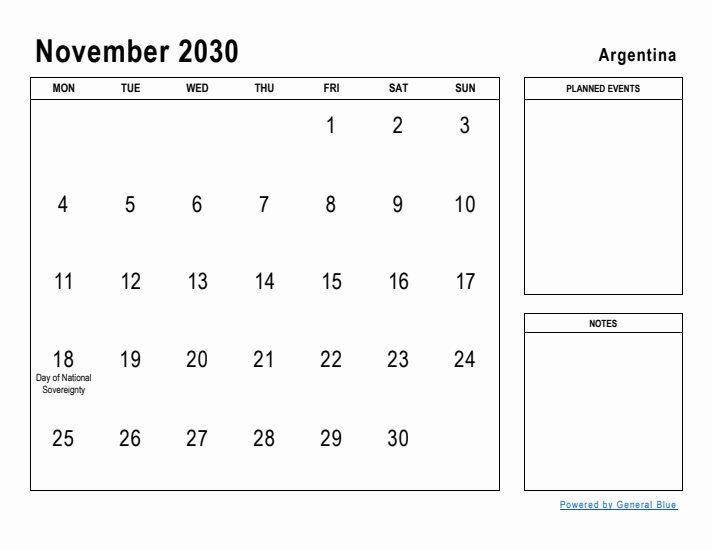 November 2030 Printable Monthly Calendar with Argentina Holidays