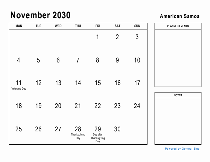 November 2030 Printable Monthly Calendar with American Samoa Holidays