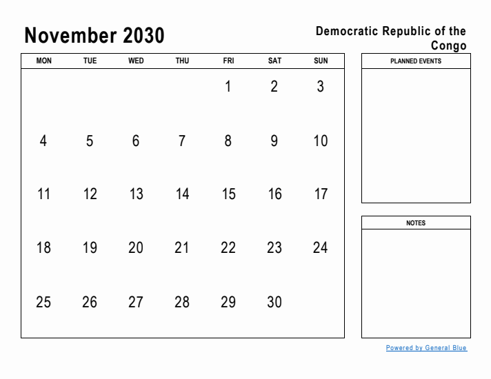 November 2030 Printable Monthly Calendar with Democratic Republic of the Congo Holidays