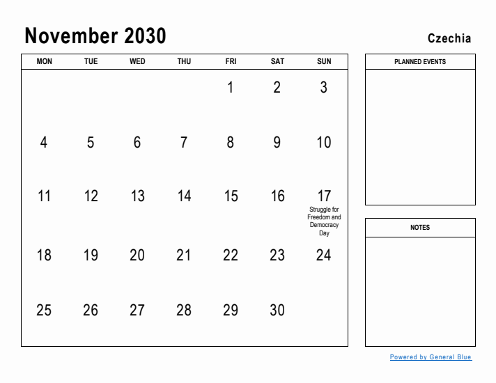 November 2030 Printable Monthly Calendar with Czechia Holidays
