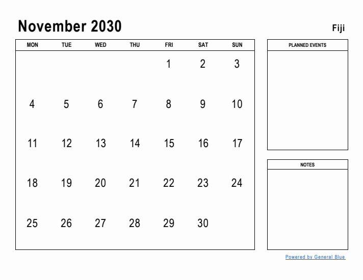 November 2030 Printable Monthly Calendar with Fiji Holidays