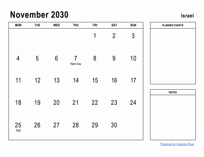November 2030 Printable Monthly Calendar with Israel Holidays